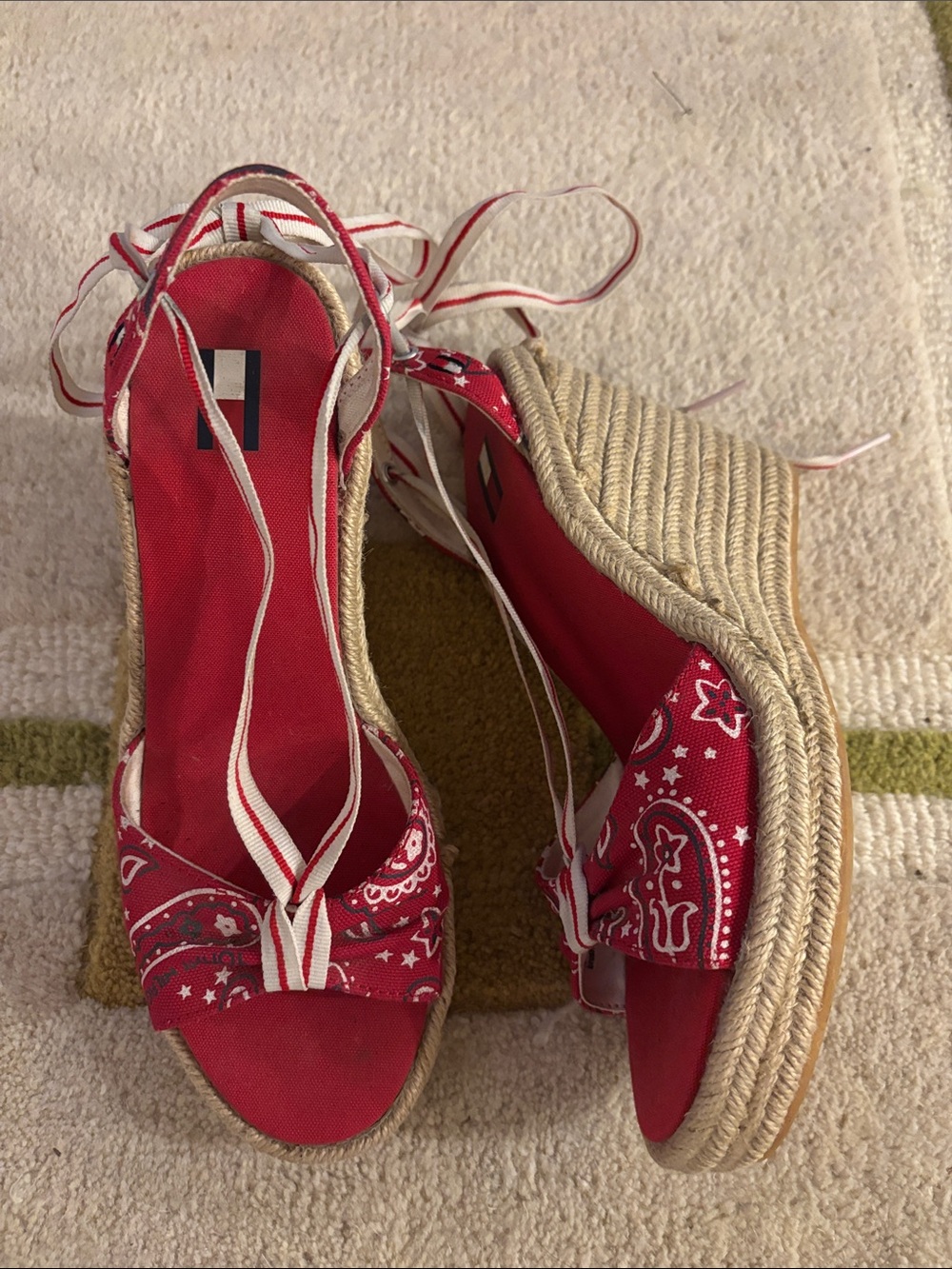 Tommy Hilfiger Red Bandana-Print Espadrille Wedge Sandals